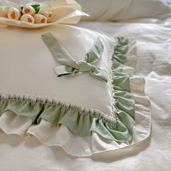 Green Princess Bedding Set Double Layer Lace Bow Quilt Cover Sheet