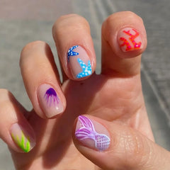 24Pcs Short Square Head Fake Nail Colorful Gradient with Design Simple Full Cover False Nail Wearable Press on Nails Tips