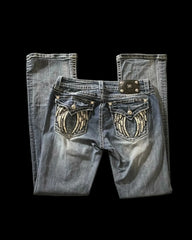 Y2K American Embroidery Diamond Retro Punk Low Waist Casual Jeans Blue Jeans Wings Pattern High Street Slim Leg Pants