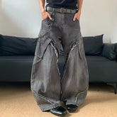 /Korean Vintage Splicing Hairy Zipper Micro Horn Jeans Loose Straight Leg Pants High Street Jeans
