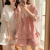 Palace Style Pajamas Ladies Loungewear Set Short-Sleeved with Cushion Korean Small Sweet Girlfriends Loungewear Set
