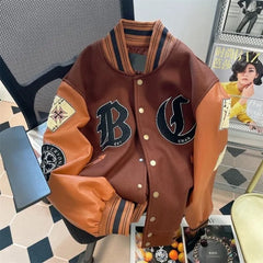 American Retro Letter Flocking Splicing Jacket Y2K High Street Hip-hop Loose Tooling Baseball Uniform Jacket
