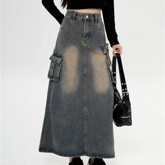 Y2k High Waist Denim Ankle Length Cargo Skirts Girls Robe Cool Wrap Dress Retro Blue A Line Long Jeans Skirts
