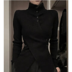 Deeptown Harajuku Black Turtleneck Sweaters Criss Cross Irregular Korean Button Knit Pullovers Slim Warm Aesthetic