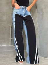 Denim Patchwork Trousers High Waist Contrast Color Striped Straight Sports Wide Leg Pants Street Lady Pants