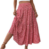 Pleated Floral Print Elastic Waist Loose Splicing A Line Skirt Skirts