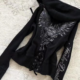 Y2K Gothic Drawstring Design Black Zipper Sweatshirt Jacket Coat Harajuku Letter Graphic Slim Hoodie Clothing