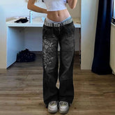 Street style clothing, irregular printed loose pants, low waisted pleated washed distressed multicolored jeans