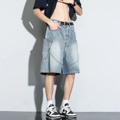 Baggy Denim Shorts Casual Straight Harajuku Jeans Male Vintage Wash Drawstring Short Pants Streetwear