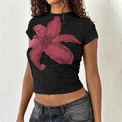 Xingqing y2k Crop Top 2000s Baby Tee Floral Print Round Neck Short Sleeve T Shirt Fairycore Clothes Streetwear