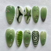 24pcs Short Almond False Nail Art Starlight Rhinestone Design Nails Tip Green Full Cover Nail Set Datachable Press on Fake Nails