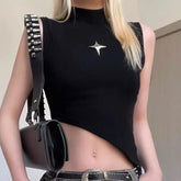 Y2K Crop Knit Top e-girl Sleeveless Asymmetrical Hem High Neck Stretchy Fitted Sweater Vest 90s Outfit
