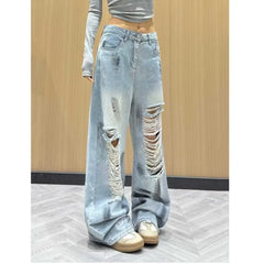 High Waist Wide Leg Denim Jeans Style High Street Hole Design Slimming Long Trousers Trendy