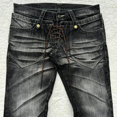 Y2k Flared Lace Up Jeans Retro Washed Paw Prints Double Waist Slim Fit Jeans Gothic High Street Wear Unisex Bootcut Jeans