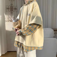 Two-piece Illusion Sweatshirt Korean Style Loose Fit Idle Style Pullover Top Casual Trendy Hooded Jacket
