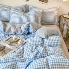 Japanese Style Check Queen Quilt Cover Set 1/3 Pcs Soft Washed Duvet Cover