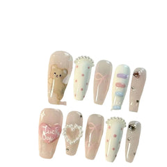 Fresh Bear Cloud Bow Handmade Wear Nails Pearl Love Cute Nail Art Sweet Cartoon Removable Fake Nails