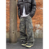 Retro Washed Camouflage Workwear Casual Pants Slim Fit Straight Leg Micro Flared Wide Leg Long Trousers