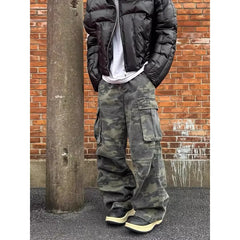 Retro Washed Camouflage Workwear Casual Pants Slim Fit Straight Leg Micro Flared Wide Leg Long Trousers