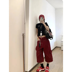 Red Gothic Cargo Jeans Vintage Korean 90s Y2k Denim Trousers Harajuku High Waist Cowboy Shorts 2000s Clothes
