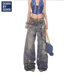 3D Chain Old Jeans American Tie-Dye Splash-Ink Hip Hop Pants High Street Y2K Punk Graffiti Hip Hop Couple Straight Pants