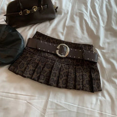 Leopard Print High-waist Short Skirt Y2k Girl Slim Pleated Skirts High Street Retro A-line Skirt