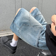 Baggy Denim Shorts Casual Straight Harajuku Jeans Male Vintage Wash Drawstring Short Pants Streetwear