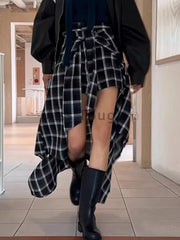 Korean Vintage Black Plaid Skirt Y2k High Waist Irregular Retro Skirt Chic Desing Sense All-match Clothes