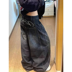 Black Jeans High Waist Vintage Design Hip Hop Straight Baggy Denim Pants Street Y2K American Style Wide Leg Denim Trouser