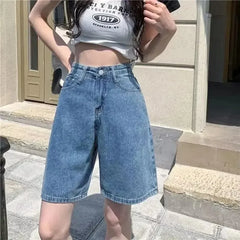 American Retro High Waist Denim Shorts Slim Straight Leg Casual Student Versatile Wide Leg Five-Point Pants