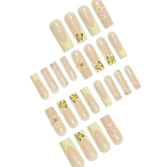 24pcs Fresh Long Coffin Fake Nails Yellow French Style Flower Printed Metal Butterfly Designs Press On Nails False Nail