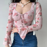 Floral Printed Sweet Holiday T-shirts Flare Sleeve Lace Up Chiffon Office Blouse Mesh Beach Tees Top