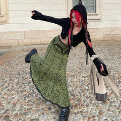 Rural girl style lace color contrast bag buttock fishtail dress cross-border retro low-rise slim-fit skirt