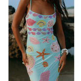 y2k Vintage Starfish Sequins Maxi Dress Sleeveless Bodycon Tank Dress Backless Beach Party Long Dresses