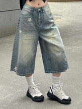 Retro Vintage Loose Wide Leg Jeans Star Print Y2K Harajuku Denim Shorts Casual Streetwear High Waist Washed Pants