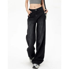 Lady Retro Black Gray High Waist Jeans Straight Leg Denim Trousers Girls Loose Fit Thin Casual Pants