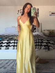 Yellow Elegant Stain Sling Dress Backless Sleeveless V Neck High Waist Evening Gown Chic Lady Partywear