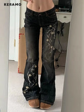 Weekeep Floral Embroidery Jeans Vintage 2000s Low Rise Flared Jeans Retro y2k Baggy Denim Pants High Street Basic Trousers