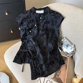 Retro Thin Shirt Chinese Style Cheongsam Top Black Jacquard Short Sleeve T-shirt Mature Clothing