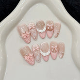 10pcs Handmade Press on Nails French Cat Eye Pink Bow Decor Korean False Nails Wearable Full Cover Ins Almond False Nail Tips