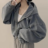Matakawa Denim Jackets Hooded Solid Korean Chaquetas Vintage Loose Zipper Ropa De Mujer Tops