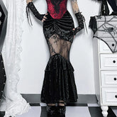 Goth Dark Ruched Vintage Gothic Velvet Skirts Grunge Mesh Splice Mermaid Skirt High Waist Elegant Partywear