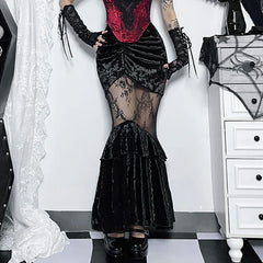 Goth Dark Ruched Vintage Gothic Velvet Skirts Grunge Mesh Splice Mermaid Skirt High Waist Elegant Partywear