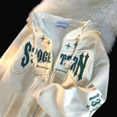 American Style Flocking Letter Embroidery Cardigan Hooded Sweater Plus Fleece Loose Trendy Couple Jacket