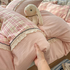 Korean Princess Style Bedding Sets Lace Grid Floral Quilt Cover Bedclothes Decor Girls Bedroom Duvet Cover 4pcs