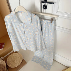 Sweet Cute Goose Print Korean Pajamas Nightwear Kawaii Casual Lapel Neck Y2K Pajamas Set Loungewear
