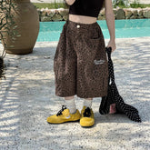 Girl Pants Childrens Clothing Korean Style Girl Baby Retro Leopard Print Wide Leg Cargo Pants Casual Daily