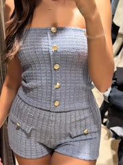 Elegant Knitted Two Pieces Set Single-breasted Tube Top Hip Package Pockets Shorts Casual Lady Suit