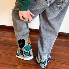 Y2K Flower Printed Baggy Jeans Streetwear American Casual Denim Wide-leg Pants Hombre Vintage Straight Trousers