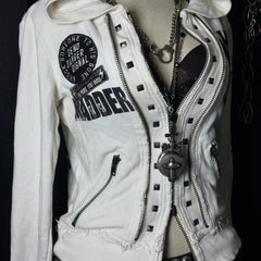 Retro Dark Style Zipper Hoodie Y2K Clothess Hip Hop Skull Patch Embroidery White Oversized Sweatshirt